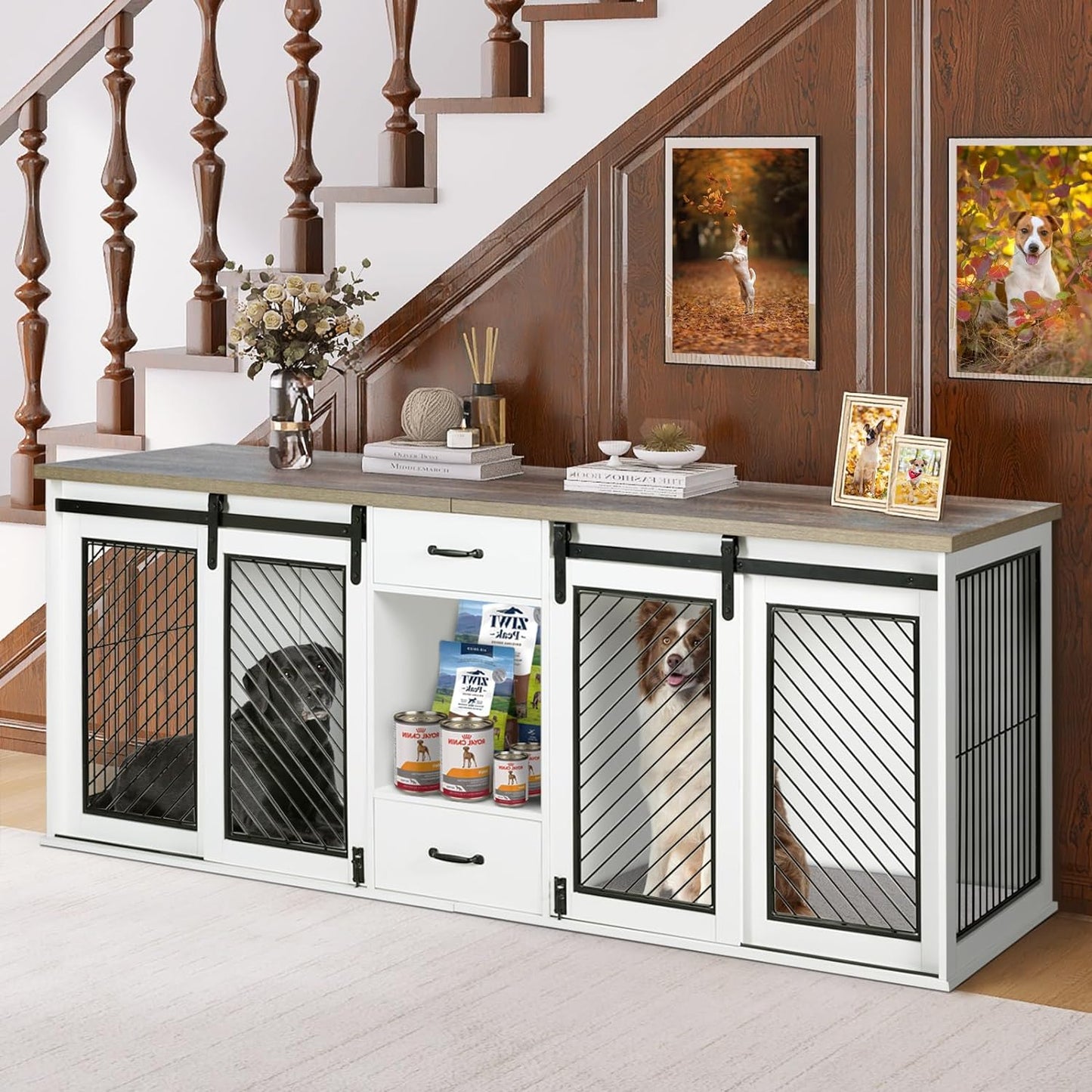 LAZZO Large Dog Crate Furniture, 85" Sliding Door Double Kennel for 2 Large Dogs Divided, White