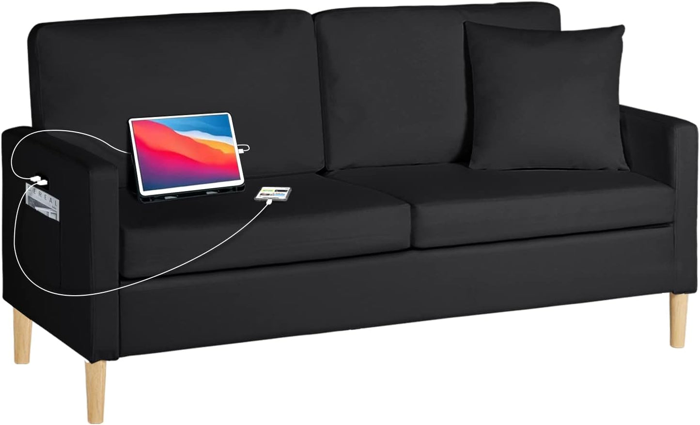 LAZZO 66" W Faux Leather Loveseat Sofa w/ 2 USB Charging Ports and Pillow