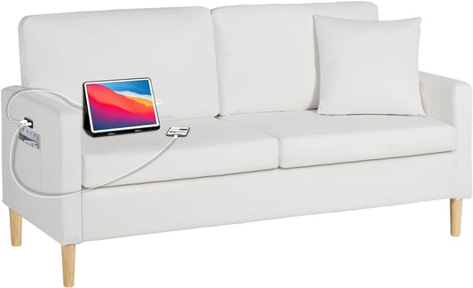 LAZZO 66" W Faux Leather Loveseat Sofa w/ 2 USB Charging Ports and Pillow