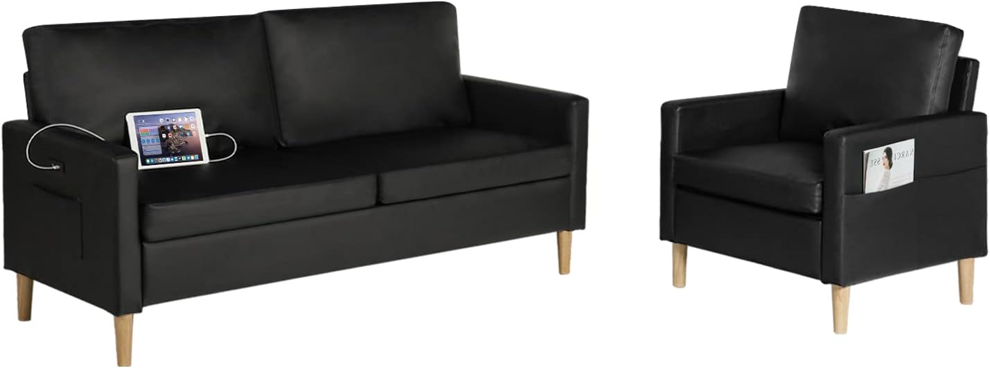 LAZZO Mid-Century Sectional Sofa Sets 2 Pieces Faux Leather Loveseat Couches with 2 USB (Black, 1-Seater+3-Seater)