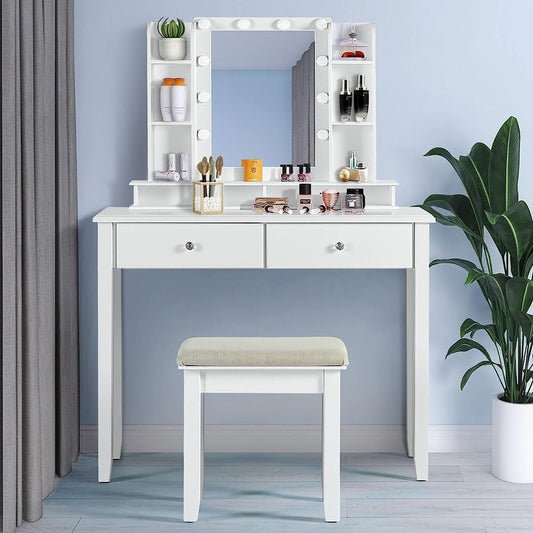 LAZZO Makeup Vanity Desk with Mirror and Lights, 2 USB ports