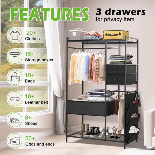 LAZZO Heavy Duty Clothes Rack with 3 Large Drawers & Sidepocket