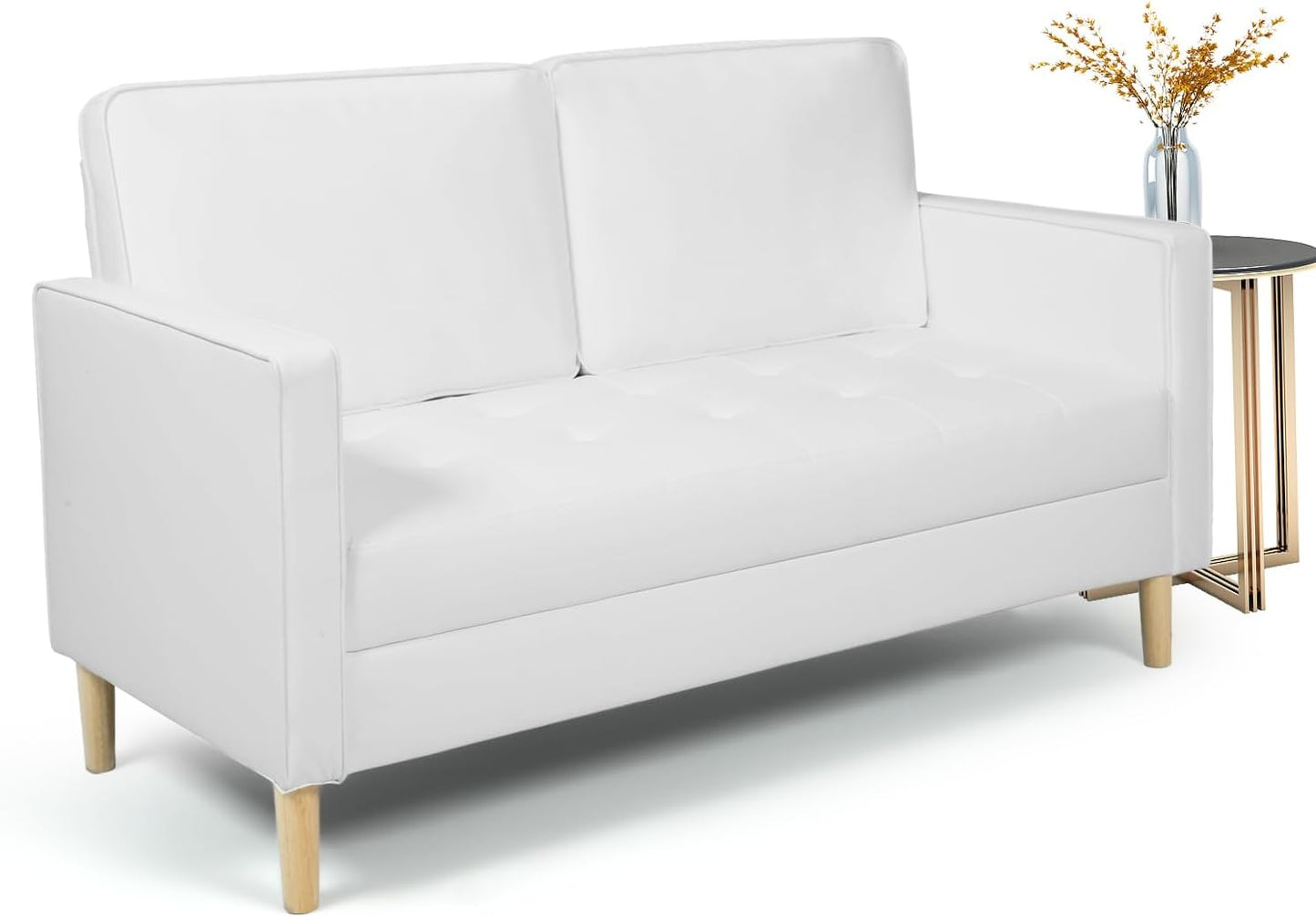 LAZZO 57'' Mid-Century Loveseat Faux Leather Sofa Couch with Armrest,Cream White