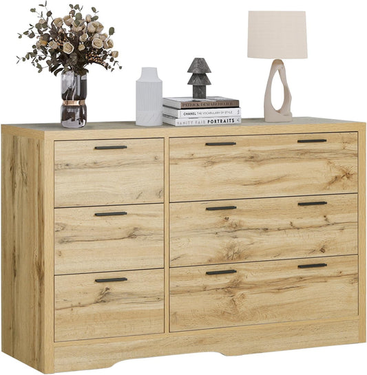 LAZZO 6 Drawer Dresser for Bedroom Wooden Farmhouse Chest of Drawers with Vintage Grain Texture