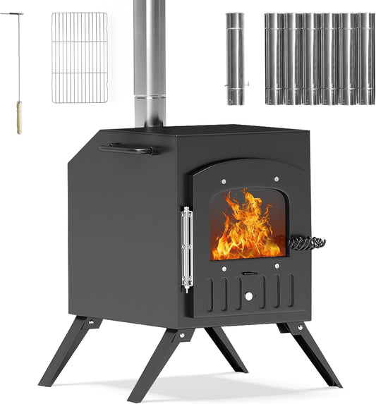 LAZZO Portable Wood Burning Stove with 7 Section Chimney Pipes: Ideal for Camping, Hiking, and Outdoor Cooking