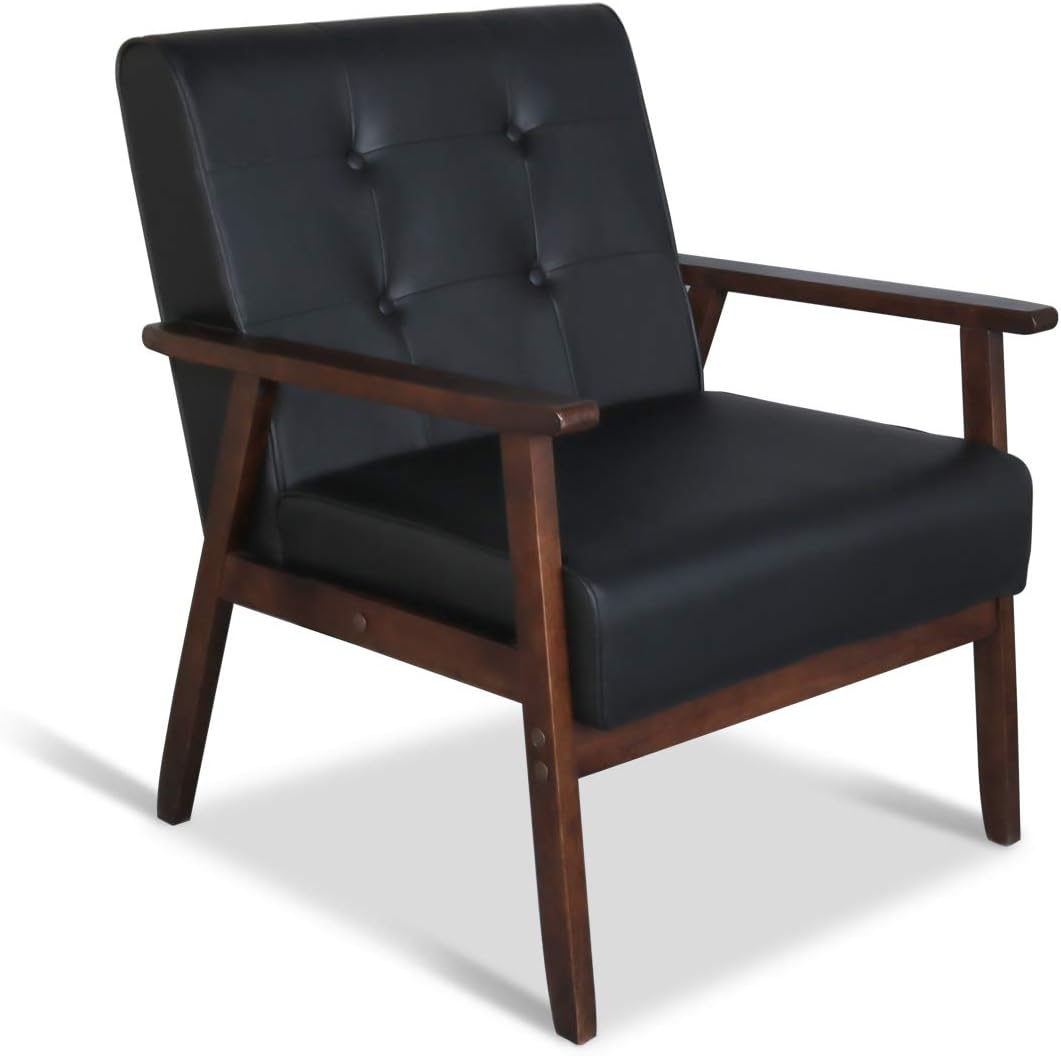 LAZZO Mid-Century Retro Modern Accent Chair Wooden Arm Upholstered Tufted Back Lounge Chairs Seat Size 24.4" 18.3" (Deep) (Square Leg Black)