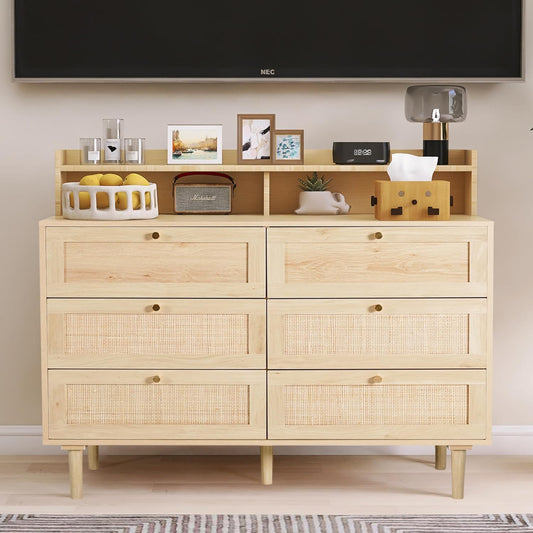 LAZZO Rattan Dresser for Bedroom with Shelves