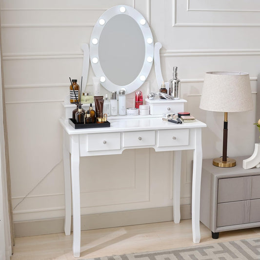 LAZZO Makeup Vanity Table with Lighted Mirror, White