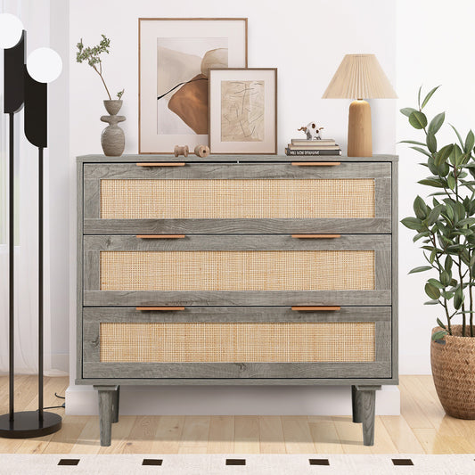 LAZZO 3 Drawer Dresser for Bedroom, Rattan Dresser, Gray