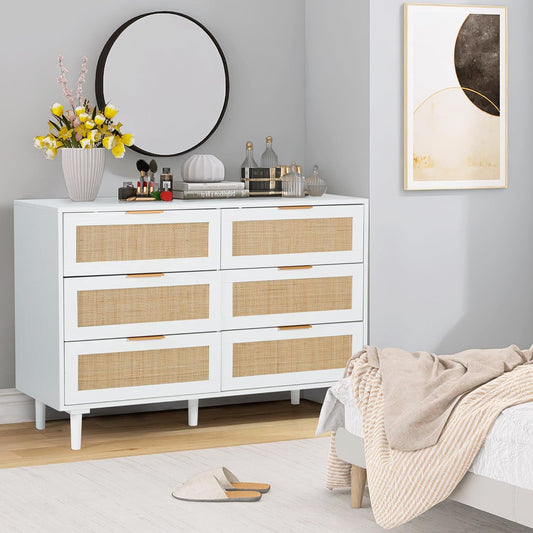 LAZZO 6 Drawer Dresser Rattan Dresser Modern Chest with Drawers, White