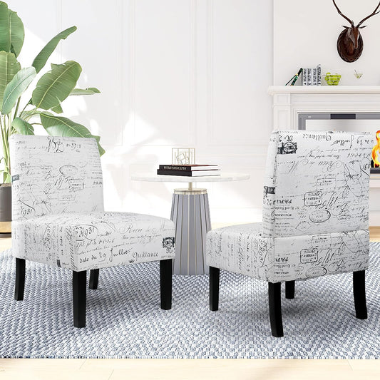 LAZZO Modern Fabric Armless Accent Chair Set of 2, English Letter Print White