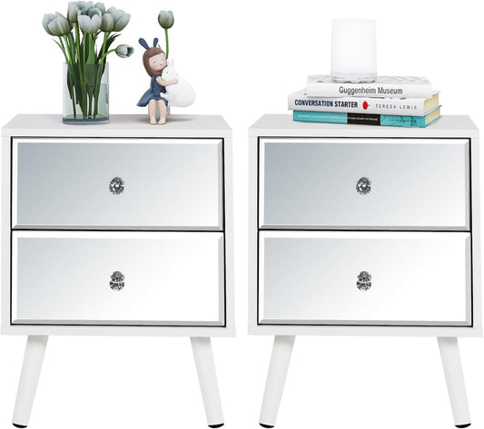 LAZZO Mirrored Nightstand Set of 2, White