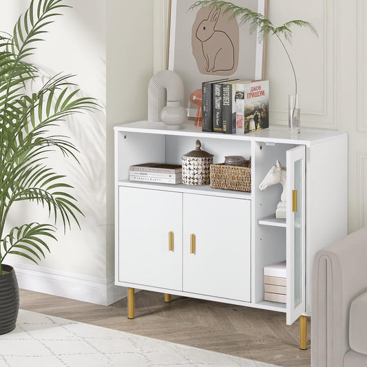 LAZZO Storage Cabinet with Glass Doors: White Accent Entry Cabinet for Living Room, Hallway, Kitchen, and Dining Room