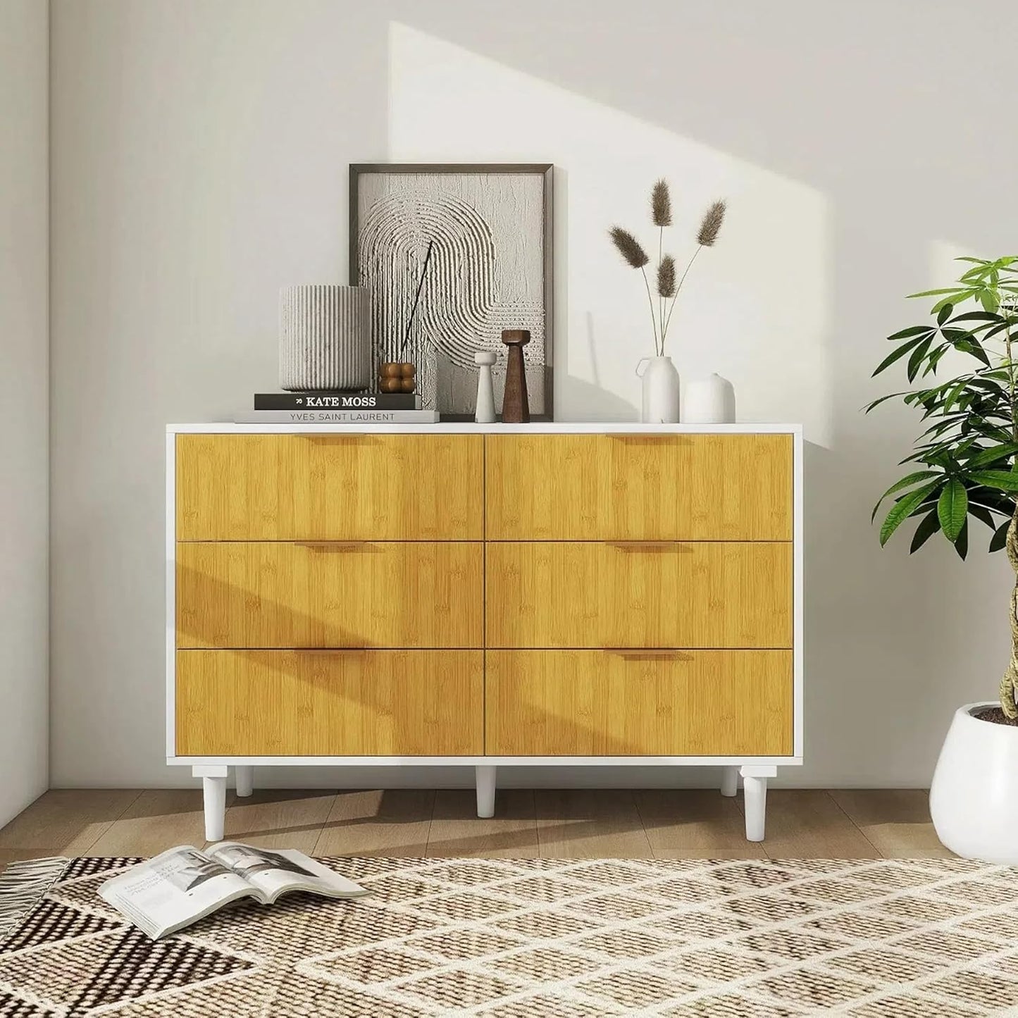 LAZZO 6 Drawer Dresser with Metal Handle, Closet Natural