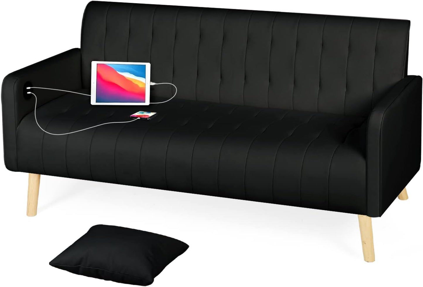 LAZZO 57“ Modern Striped PU Leather Loveseat Sofa w/ 2 USB Charging Ports