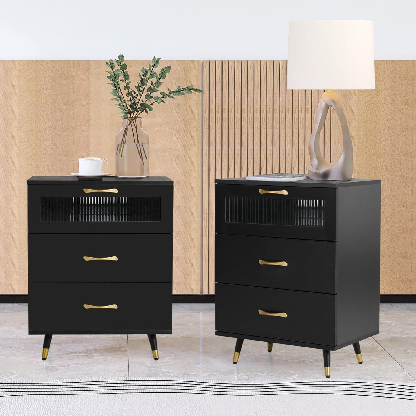 LAZZO 3 Drawer Nightstand Set of 2 Black Modern Nightstands with USB Charge