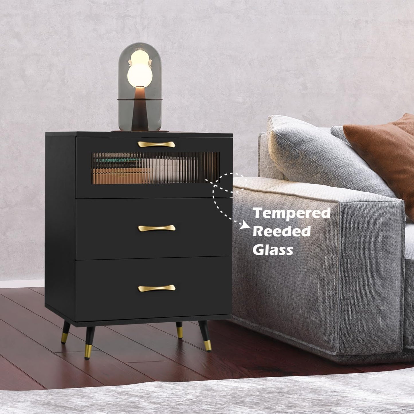 LAZZO 3 Drawer Nightstand Black Modern Nightstands with USB Charge