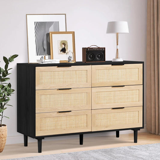 LAZZO Modern 6 Drawer Double Dresser with Gold Handles, Black