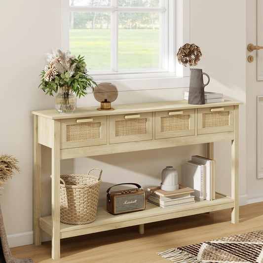 LAZZO 55" Rattan Console Table with 4 Drawers and Open Storage Shelf,Natural Wood