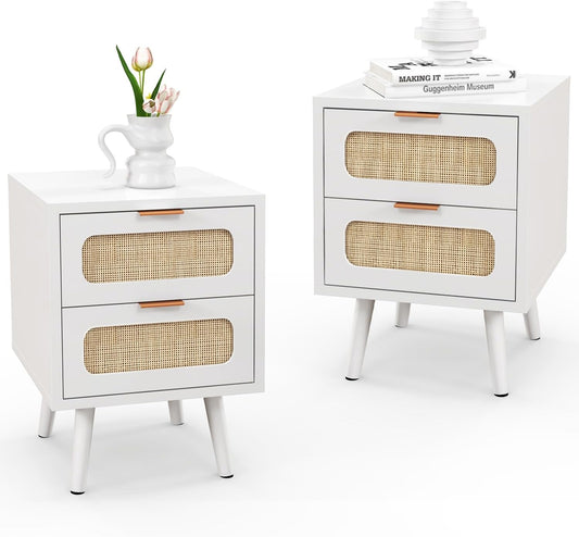 LAZZO　Nightstands Set of 2 with Rattan Drawer，White