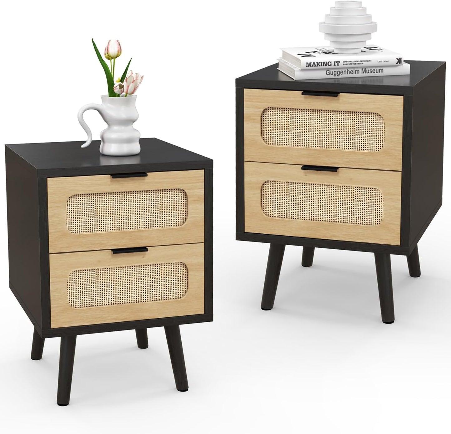 LAZZO Nightstands Set of 2 with Rattan Drawer，Black