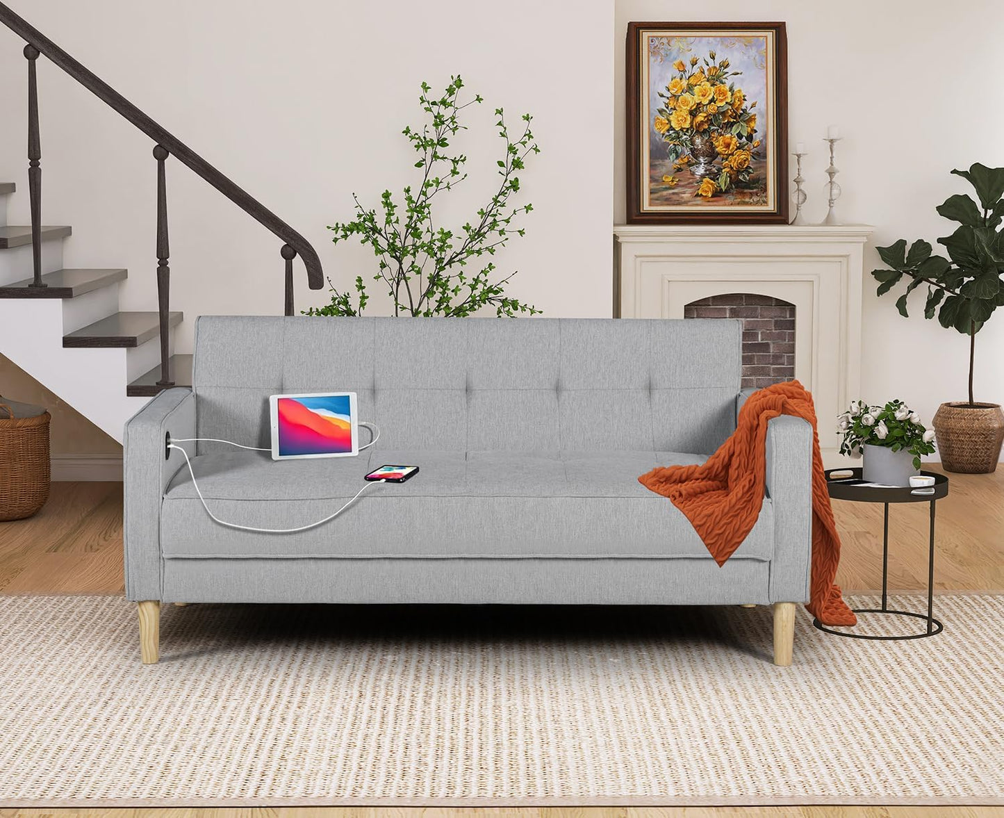 LAZZO 60 inch Loveseat Sofa w/ 2 USB Charging Ports (Light Grey)