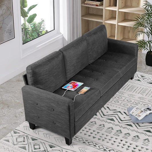 LAZZO 72" W 3 Seater Couch Sofa with USB Ports (Dark Grey)