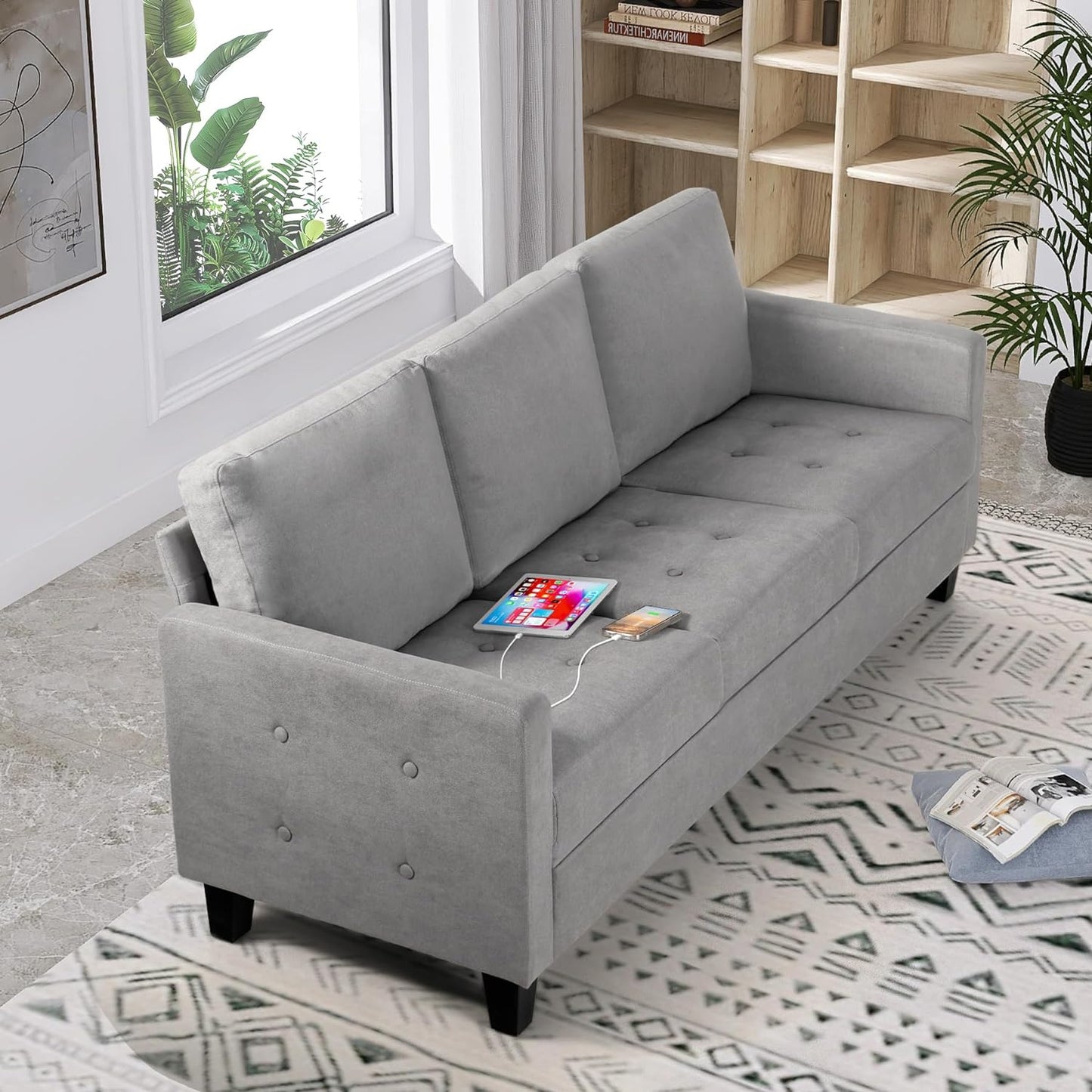 LAZZO 72" W 3 Seater Couch Sofa with USB Ports (Light Grey)