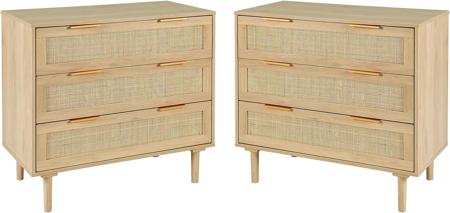 LAZZO 3 Drawer Dresser for Bedroom, Rattan Dresser, 2PCS，Wood Oak