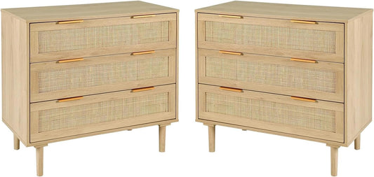 LAZZO 3 Drawer Dresser for Bedroom, Rattan Dresser, 2PCS，Wood Oak