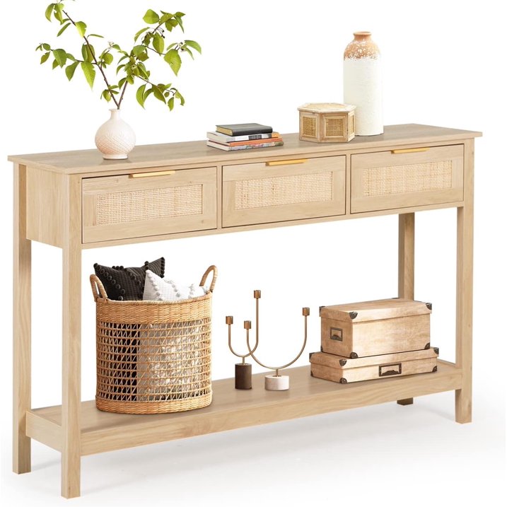 LAZZO Rattan Console Table with 3 Drawers