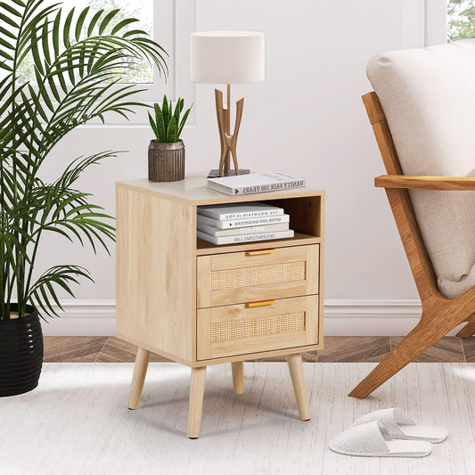 LAZZO Rattan Nightstand with Wireless Charging Station