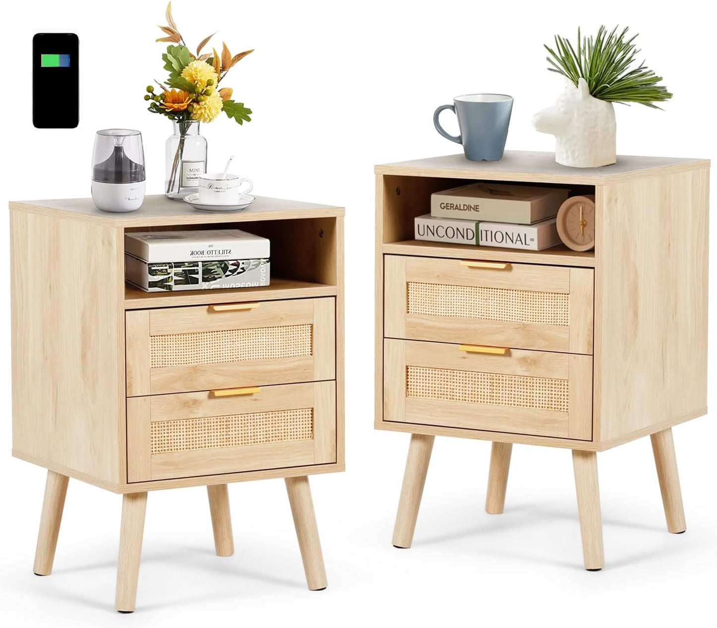 LAZZO Rattan Nightstands Set of 2 with Wireless Charging Station