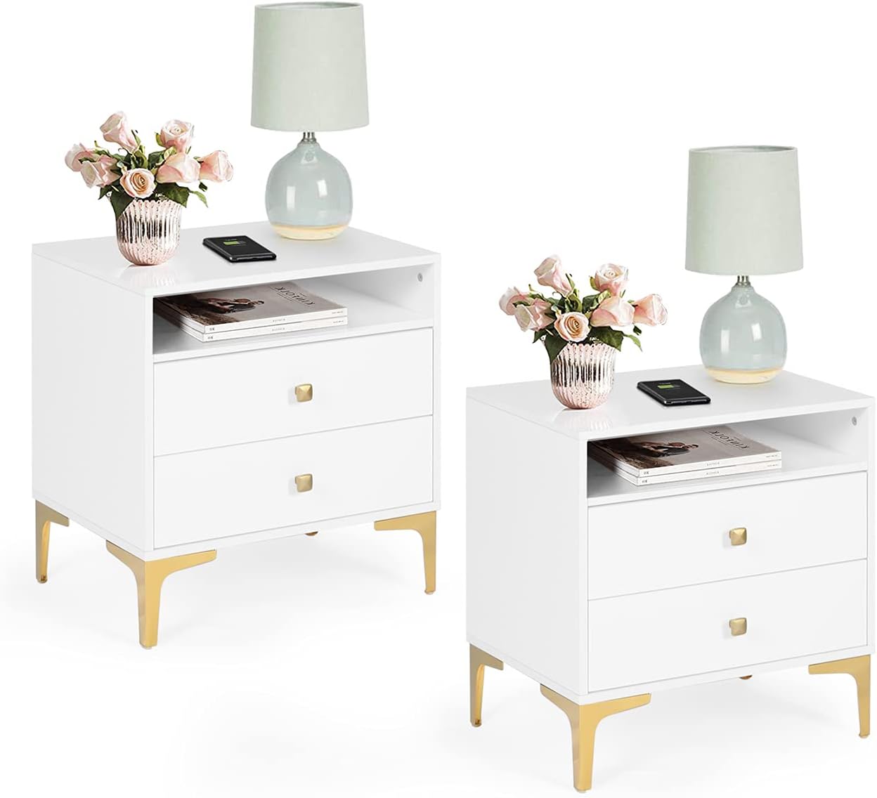 LAZZO Nightstands Set of 2 with Wireless Charging Function Wooden Night Stands 2 Sets with Drawers