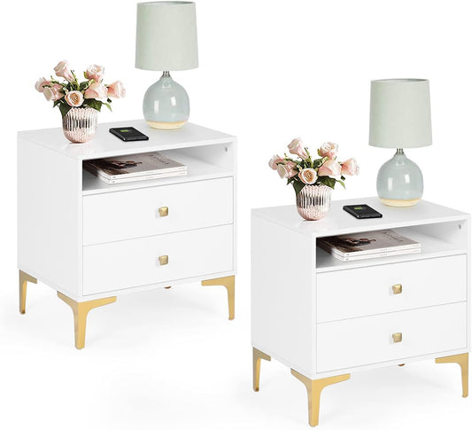 LAZZO Nightstands Set of 2 with Wireless Charging Function Wooden Night Stands 2 Sets with Drawers