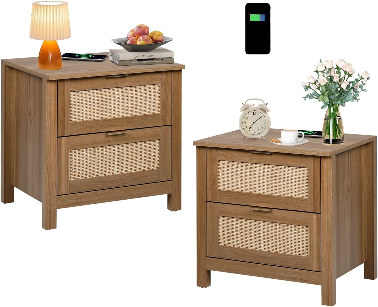 LAZZO Night Stand Set of 2 Rattan Nightstands with Wireless Charging Station (Natural Oak)