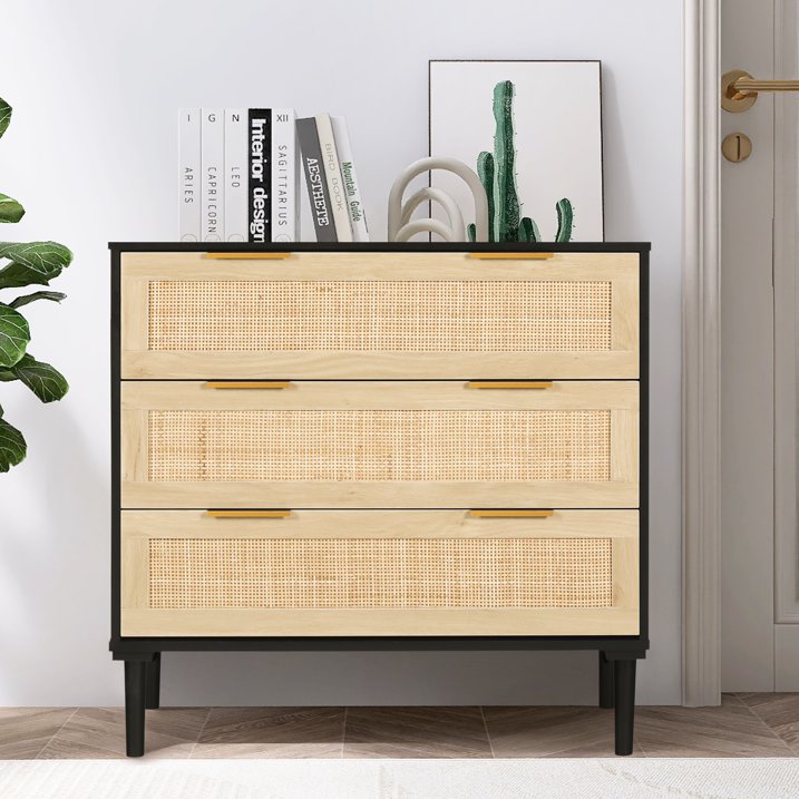 LAZZO 3 Drawer Dresser Rattan Wood Dresser Chest of Drawers Large Storage Cabinet