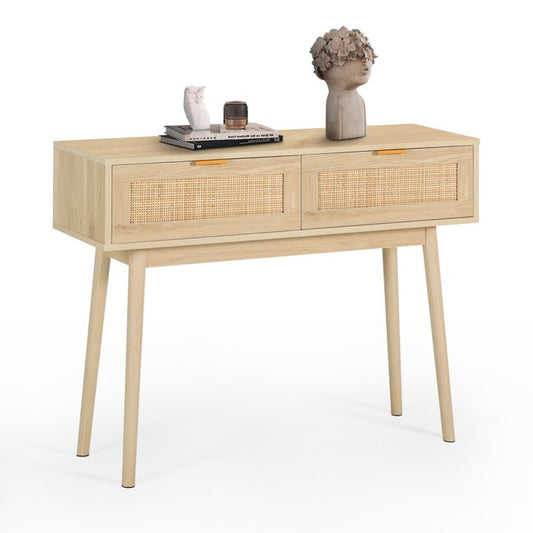 LAZZO Console Table with 2 Drawers Rattan Entryway Table with Storage Narrow Accent Sofa Table Modern Behind Couch Table for Hallway, Entryway, Living Room and Bedroom Natural Wood Color