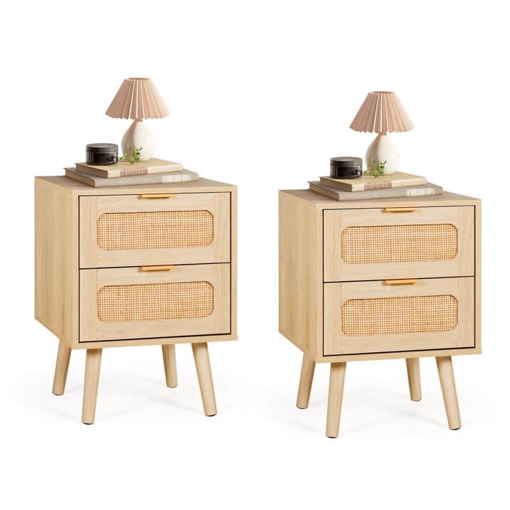 LAZZO Nightstands Set of 2 with 2 Rattan Drawers, Natural Oak