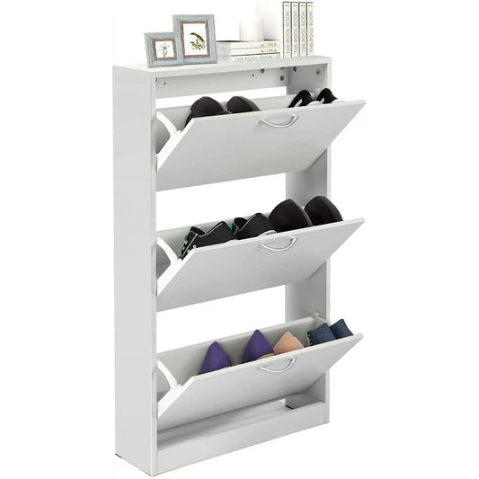 LAZZO Shoe Cabinet for Entryway, Wood 3 Tier Shoe Organizer, White