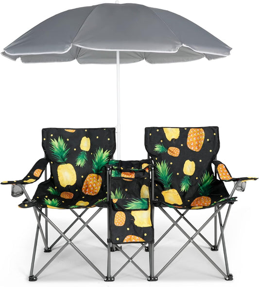 LAZZO Double Folding Camping Chair W/Umbrella Fold Up Table Beverage Holder Carrying Bag Cooler，Pineapple