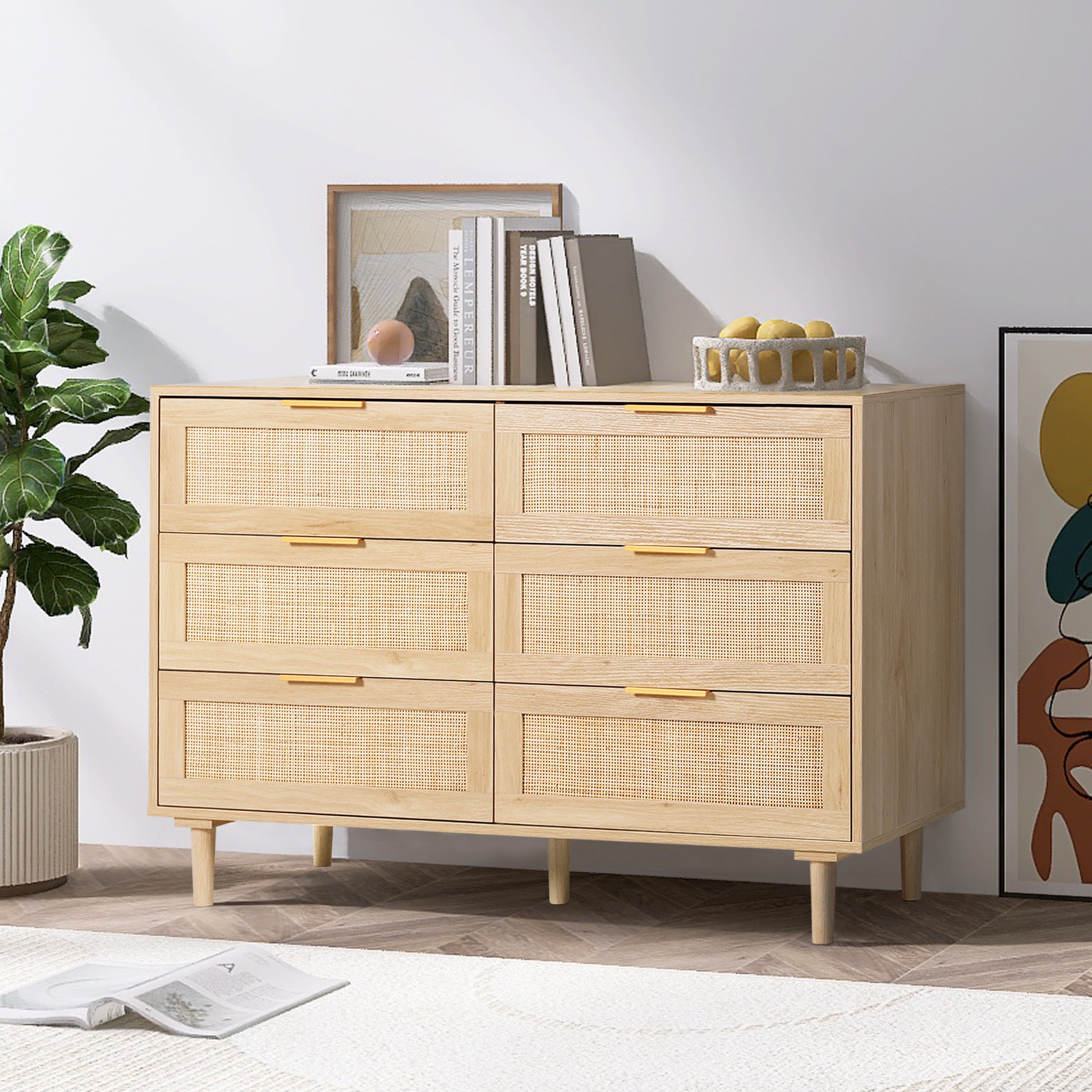 LAZZO 6 Drawer Dresser Rattan Wood Dresser Chest of Drawers Large Stor LAZZO FURNITURE LAZZO 6 Drawer Dresser Rattan Wood Dresser Chest of Drawers Large Stor LAZZO FURNITURE