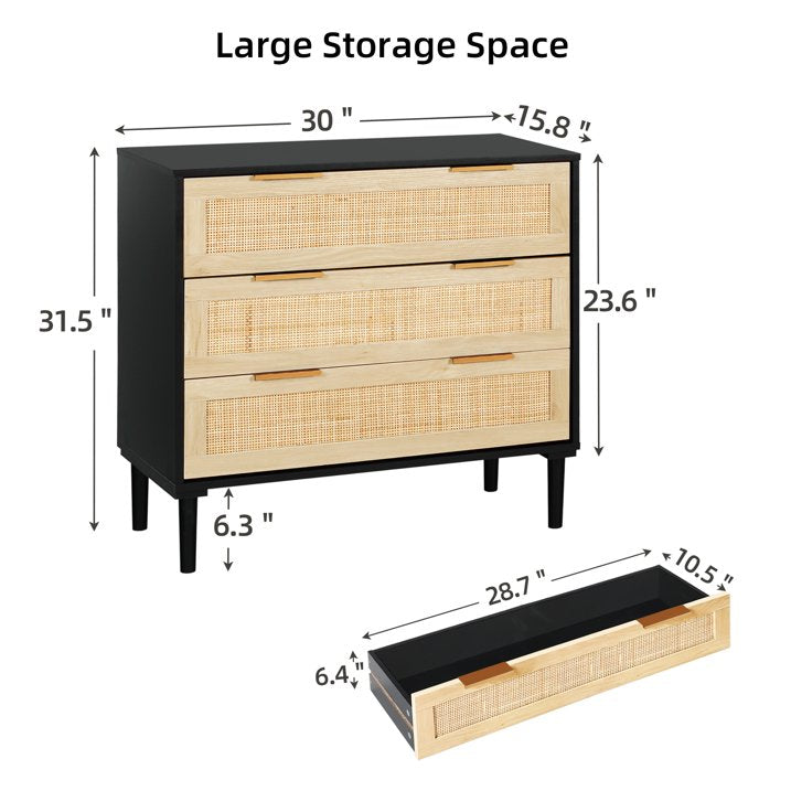LAZZO 3 Drawer Dresser Rattan Wood Dresser Chest of Drawers Large Storage Cabinet