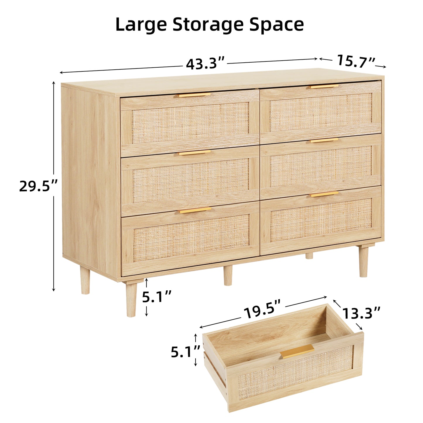 LAZZO 6 Drawer Dresser Rattan Wood Dresser Chest of Drawers Large Storage Cabinet